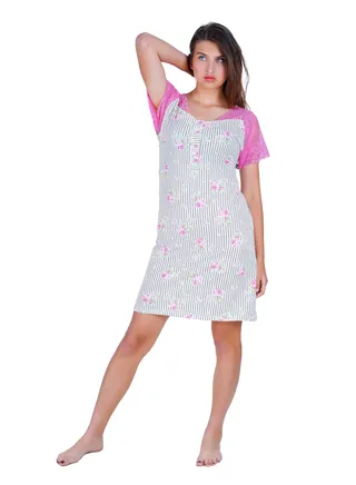 Women's short summer nightgownShort sleeve summer nightgown, striped with a floral pattern, for more elegance and attractiveness 
