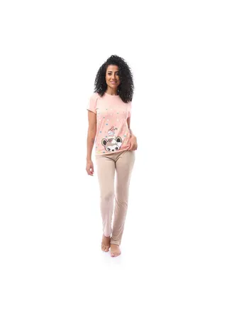 Printed Top & Dark Beige Pants Pajama Set - Simon 