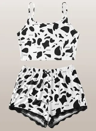Pajamas for women, two pieces, cow print, sleeveless, open-chested 