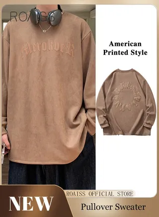 American Style Heavyweight Men Hoodie Back Printed Pullover Medium-Length Solid Color Round Neck Long Sleeves 
