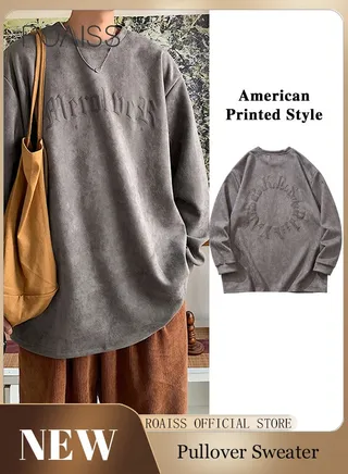 American Style Heavyweight Men Hoodie Back Printed Pullover Medium-Length Solid Color Round Neck Long Sleeves 
