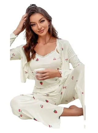 3-Piece Home Robe Pajama Set - Strawberry 