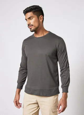 Mens Solid Pattern Dual Color Block Long Sleeves Crew Neck Pullover Sweatshirt Grey 