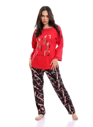 Wide Boat Neck Tee & Patterned Pants Pajama Set 