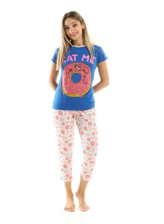 Printed Dounts Tee With Pants Pajama Set - Multicolour 