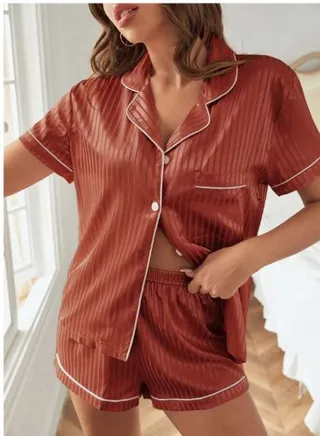 Striped Button Front Satin Night Set 