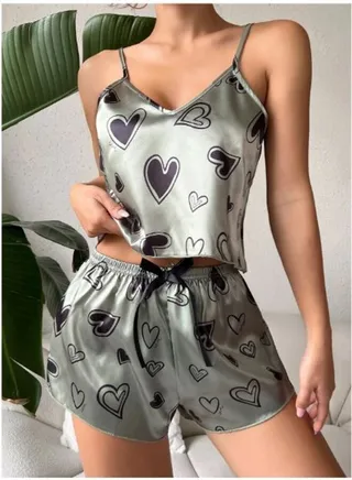 Heart Print Satin Cami Top & Shorts PJ Set 