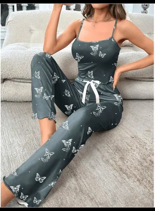Butterfly Printed Cami Top And Long Pants Pajamas Set 