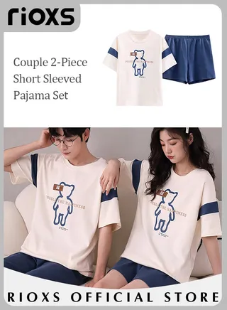 Couples Matching 2 Pieces Short Sleeve Pajamas Soft Cotton Sleepwear Button Down Loungewear Men's Women's Crew Neck T-shirt & Straight Loose Leg Short 