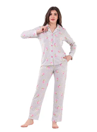 Women's Cotton Pajama Set, Long Sleeve, Buttons Pattern, from Daadouch Cotton Long Sleeve, Striped, Two-Piece Pajama Set, Floral Print, Calm Blue Color 