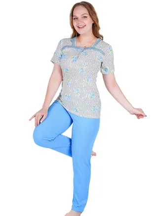 Pajama set from Daadouch, long plain style pants with a blouse with half sleeves and a square neck embroidered with lace for more elegance and beauty. 