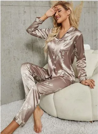 Floral Print Contrast Piping Satin Blouse & Pants PJ Set 