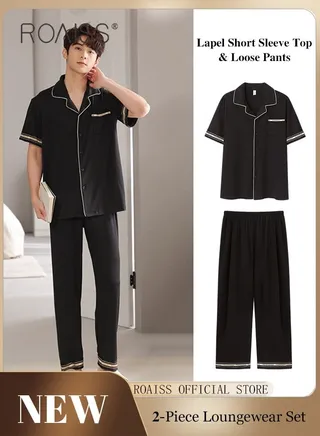 2-Piece Pajama Set Men's Cotton Short Sleeved T-Shirt Long Pants Sets Solid Color Sleepwear Nightgown Male Loose Spring Summer Thin Loungewear Home Clothes 
