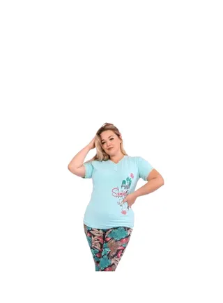Women's pajamas, blue T-shirt and multi-colored pants 