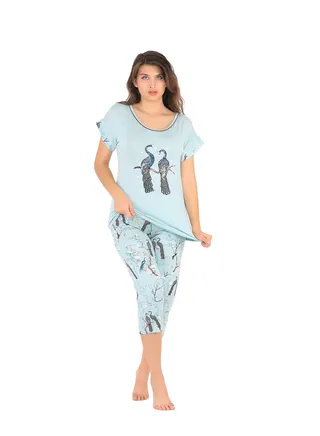Bermuda pajama set with a distinctive modern design with a floral and bird print, half-sleeved pajamas, big size, from Daadouch 
