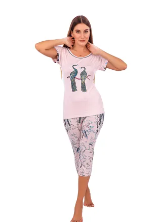 Bermuda pajama set with a distinctive modern design with a floral and bird print, half-sleeved pajamas, big size, from Daadouch 