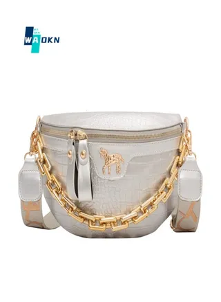 Women's Acrylic Chain Crossbody Bag, Women's PU Leather Shoulder Bag Hand Bags Sling bag, Crocodile Leather Textured Mobile Phone Bag Coin Purse Carrying Bag Side Bag (White) 