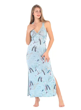 A long women's nightgown with wide soft lace straps and a V-neck with side slits for more tenderness and beauty from Daadouch 