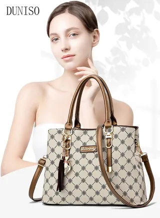 Retro Handbag for Women Crossbody Leather Tote Top Handle Satchel Pattern Printing Shoulder Bags with Adjustable Strap Tassel Pendant for Work 