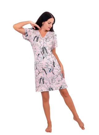 Women's Big Size Short Nightgown with Bird Print V-Neck Summer Nightgown Embroidered with Soft Lace by Daadouch 