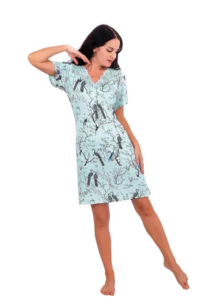 Women's Big Size Short Nightgown with Bird Print V-Neck Summer Nightgown Embroidered with Soft Lace by Daadouch 