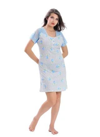 A short, striped cotton nightgown for women with soft lace half-sleeves and a floral print inspired by nature for more elegance and beauty from Daadouch 