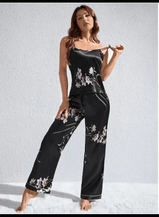 Floral Print Contrast Piping PJ Set 