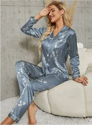 Floral Print Contrast Piping Satin Blouse & Pants PJ Set 