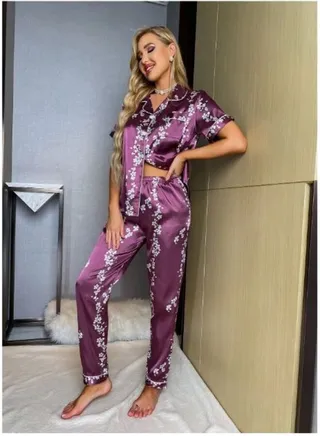 Floral Print Contrast Piping Button Through Satin PJ Set 