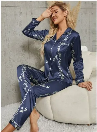 Floral Print Contrast Piping Satin Blouse & Pants PJ Set 