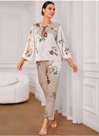 Floral Print Flounce Sleeve Bow Front Satin PJ Set 