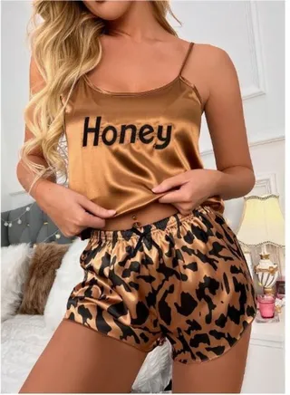 Letter Embroidery Satin Cami Top & Allover Print Shorts PJ Set 