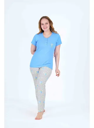 Women's pajama with floral-print striped pants and a half-sleeved blouse with a round neckline and buttons. Cotton pajama set from Daadouch. 