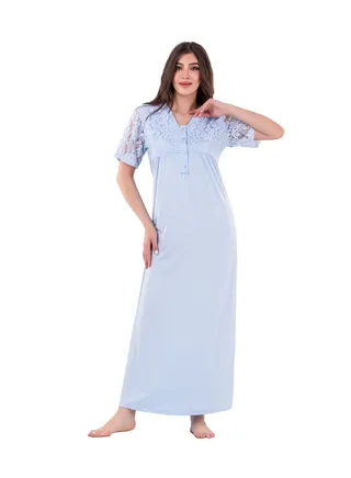 A long women's nightgown from Daadouch, embroidered with lace for more charm and beauty. A short-sleeved nightgown for women with a comfortable and elegant design. 