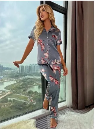 Floral Print Satin Lapel Pajama Set 