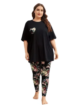 women's pajama set with solid shirt and floral pants 