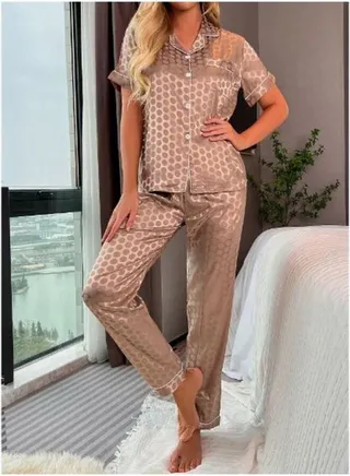 Polka Dot Contrast Binding Satin Pajama Set 
