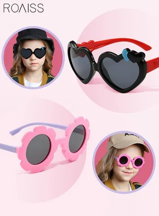 2 Pack Polarized Kids Sunglasses UV Protection Baby Cartoon Flower and Heart Sun Glasses with Flexible TPEE Silicone Frame for Girls and Children Age 3-12 