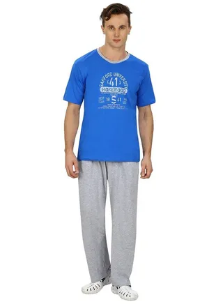 Printed T-Shirt And Pyjama Set Blue/Grey 