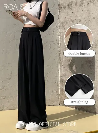 Women’s Wide Leg Trousers Pants High Waisted Two Button Design Business Work Office Casual Straight Leg Long Pants for Ladies Daily Wear Spring Summer Autumn Clothes 