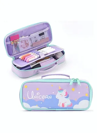 Pencil Case, SYOSI Cute Unicorn Pencil Pouch Medium Capacity Portable Multifunction Pen Bag with Compartments for Girls Kids Teen Purple 