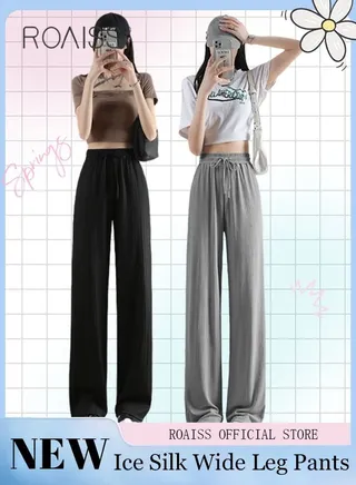 2 Piece Ice Silk Wide Leg Pants for Women Soft Trousers Ladies Mom's Long Pants Casual Plain New Arrival Trendy Straight Baggy Spring Summer Ladies Daily Outfit Clothes 