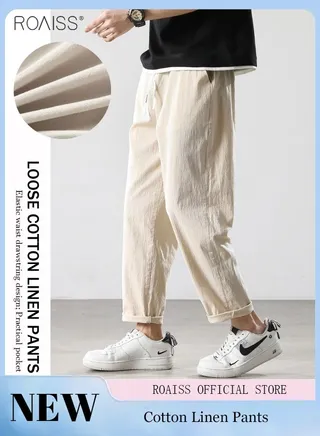 Men's Linen Loose Wide Leg Pants Summer Lightweight Sweat-Absorbing Casual Pants Elastic Waist Drawstring Design Sunscreen Pants 