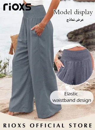 Women Casual Wide Leg Cotton Linen Trouser Comfy Elastic High Waist Pant With Pockets 