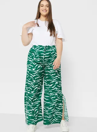 Side Slit Hem Printed Wide Leg Pants 