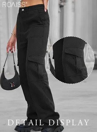 Women's High Waisted Multi Pocket Overalls Button Open and Close Fashion Casual Wide Leg Pants 
