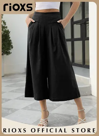 Women's Fashion Cotton Skirt Pants Elastic Waist Wide Leg Pants Casual Loose Work Pants with Pockets 
