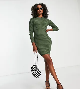 ASOS DESIGN Tall knitted mini rib dress in khaki