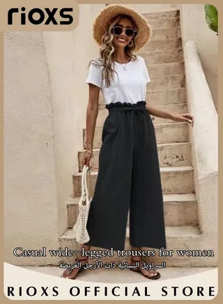 Women's Casual Wide Leg Pants Cotton Linen Pants Elastic High Waist Trousers With Pockets 