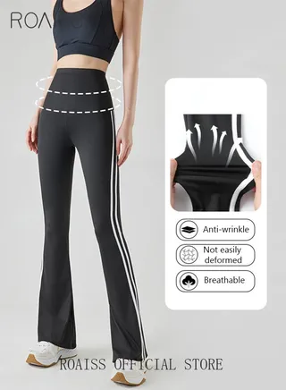 Women Striped Sweatpants High Elastic Fabric Yoga Fitness Pants Slightly Booted Trousers Wear resistant and Anti wrinkle Moisture Wicking Tighten the Waist Modify Body Proportions 